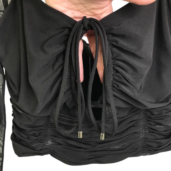 Self-Portrait Ruched Top Women Sz 10 Black Jersey Mesh Long Sleeve Night Out - Picture 3 of 11